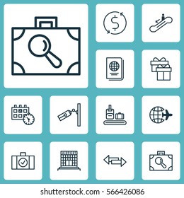 Set Of 12 Travel Icons. Includes Worldwide Flight, Money Trasnfer, Briefcase Scanner And Other Symbols. Beautiful Design Elements.