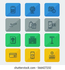 Set Of 12 Travel Icons. Includes Airliner Takeoff, Call Duration, Airplane Information And Other Symbols. Beautiful Design Elements.