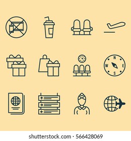 Set Of 12 Travel Icons. Includes Armchair, Forbidden Mobile, Airliner Takeoff And Other Symbols. Beautiful Design Elements.