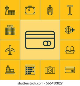 Set Of 12 Travel Icons. Includes Plastic Card, Airplane Information, Worldwide Flight And Other Symbols. Beautiful Design Elements.