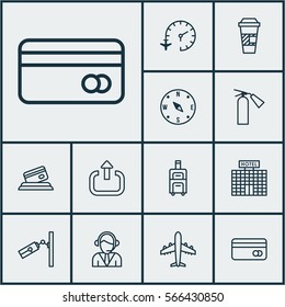 Set Of 12 Travel Icons. Includes Credit Card, Airliner, Locate And Other Symbols. Beautiful Design Elements.