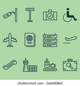 Set Of 12 Travel Icons. Includes Airplane Information, Airport Building, Baggage Research And Other Symbols. Beautiful Design Elements.