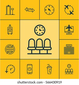 Set Of 12 Travel Icons. Includes Drink Cup, Luggage, Seats And Other Symbols. Beautiful Design Elements.