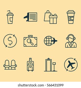 Set Of 12 Travel Icons. Includes Money Trasnfer, Security Scanner, Operator And Other Symbols. Beautiful Design Elements.