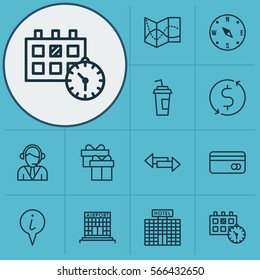 Set Of 12 Travel Icons. Includes Operator, Info Pointer, Crossroad And Other Symbols. Beautiful Design Elements.