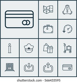 Set Of 12 Travel Icons. Includes Information, Exit, Suitcase Pushcart And Other Symbols. Beautiful Design Elements.