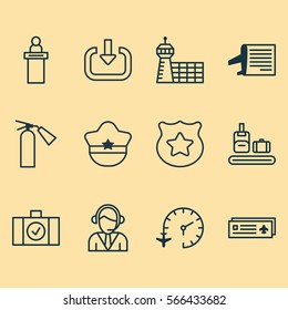 Set Of 12 Travel Icons. Includes Registration Service, Cop Symbol, Pilot Hat And Other Symbols. Beautiful Design Elements.