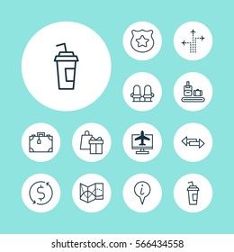 Set Of 12 Travel Icons. Includes Road Map, Money Trasnfer, Internet Ticket And Other Symbols. Beautiful Design Elements.