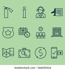 Set Of 12 Travel Icons. Includes Money Trasnfer, Seats, Appointment And Other Symbols. Beautiful Design Elements.