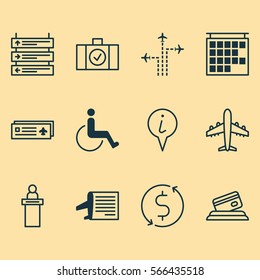 Set Of 12 Travel Icons. Includes Flight Path, Credit Card, Money Trasnfer And Other Symbols. Beautiful Design Elements.