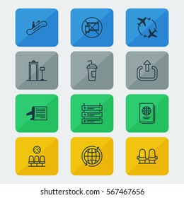 Set Of 12 Travel Icons. Includes Identification Document, Plane Schedule, Seats And Other Symbols. Beautiful Design Elements.