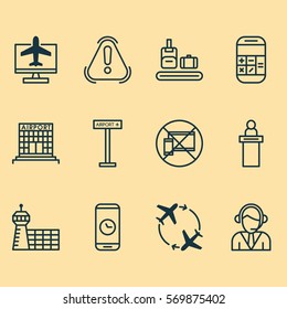 Set Of 12 Travel Icons. Includes Fly Around, Internet Ticket, Briefcase Scanner And Other Symbols. Beautiful Design Elements.