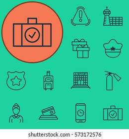 Set Of 12 Travel Icons. Includes Luggage, Airport Building, Fire Extinguisher And Other Symbols. Beautiful Design Elements.