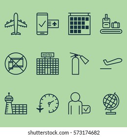Set Of 12 Travel Icons. Includes Phone Reservation, Forbidden Mobile, Briefcase Scanner And Other Symbols. Beautiful Design Elements.
