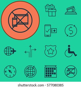 Set Of 12 Travel Icons. Includes Flight Path, Locate, Worldwide Flight And Other Symbols. Beautiful Design Elements.
