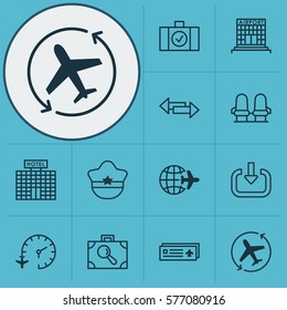 Set Of 12 Travel Icons. Includes Pilot Hat, Armchair, Airfield Manufacture And Other Symbols. Beautiful Design Elements.