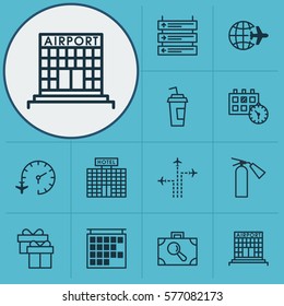 Set Of 12 Travel Icons. Includes Fire Extinguisher, Appointment, Airfield Manufacture And Other Symbols. Beautiful Design Elements.