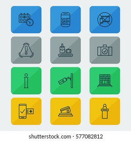 Set Of 12 Travel Icons. Includes Briefcase Scanner, Forbidden Mobile, Video Surveillance And Other Symbols. Beautiful Design Elements.