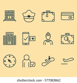 Set Of 12 Travel Icons. Includes Suitcase, Hostess, Airliner Takeoff And Other Symbols. Beautiful Design Elements.