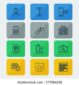 Set Of 12 Travel Icons. Includes Phone Reservation, Security Scanner, Airplane Information And Other Symbols. Beautiful Design Elements.
