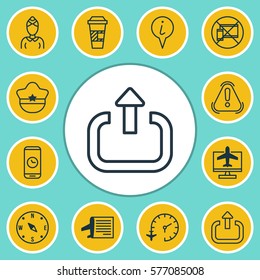 Set Of 12 Travel Icons. Includes Siren, Forbidden Mobile, Timetable And Other Symbols. Beautiful Design Elements.