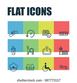 Set Of 12 Travel Icons. Includes Moving Staircase, Drink Cup, Travel Clock And Other Symbols. Beautiful Design Elements.