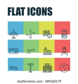 Set Of 12 Travel Icons. Includes Appointment, Flight Path, Airliner Takeoff And Other Symbols. Beautiful Design Elements.