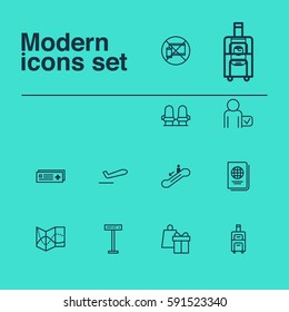 Set Of 12 Travel Icons. Includes Road Map, Airplane Information, Identification Document And Other Symbols. Beautiful Design Elements.