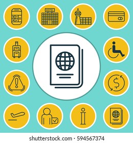 Set Of 12 Travel Icons. Includes Airliner Takeoff, Identification Document, Airport Building And Other Symbols. Beautiful Design Elements.