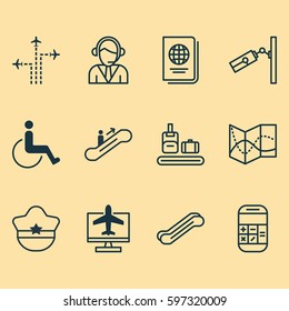 Set Of 12 Travel Icons. Includes Video Surveillance, Accessibility, Moving Staircase And Other Symbols. Beautiful Design Elements.