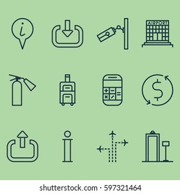 Set Of 12 Travel Icons. Includes Exit, Calculation, Airfield Manufacture And Other Symbols. Beautiful Design Elements.