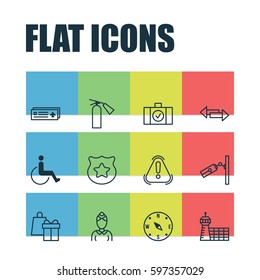 Set Of 12 Travel Icons. Includes Locate, Fire Extinguisher, Hostess And Other Symbols. Beautiful Design Elements.