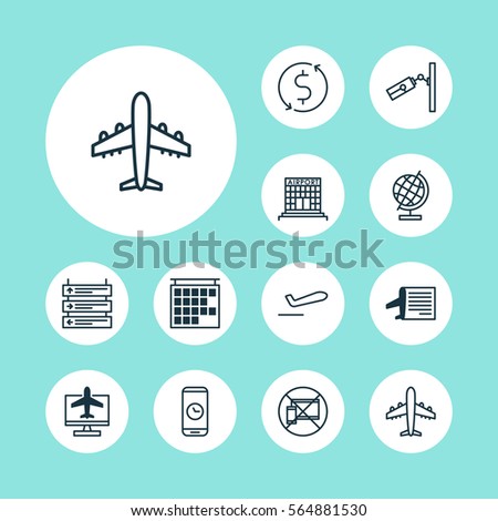 Set Of 12 Travel Icons. Includes World Sphere, Forbidden Mobile, Call Duration And Other Symbols. Beautiful Design Elements.