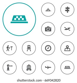 Set Of 12 Travel Icons Set.Collection Of Aircraft, Photo Apparatus, Tram And Other Elements.