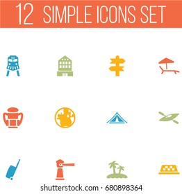 Set Of 12 Travel Icons Set.Collection Of Arrows, Tram, Baggage And Other Elements.
