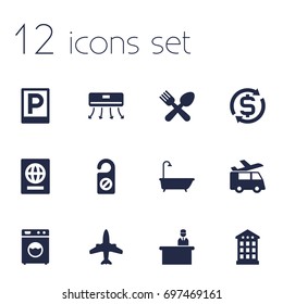 Set Of 12 Travel Icons Set.Collection Of Inn, Citizenship, Cafe And Other Elements.