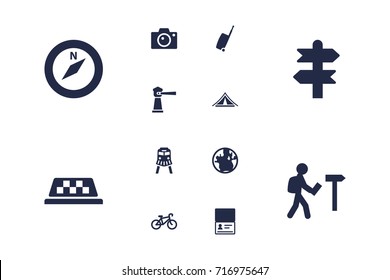 Set Of 12 Travel Icons Set.Collection Of Bike, Baggage, Traveler And Other Elements.