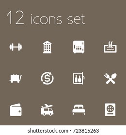Set Of 12 Travel Icons Set.Collection Of Barbell, Cafe, Basin And Other Elements.