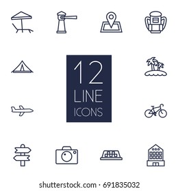 Set Of 12 Travel Outline Icons Set.Collection Of Taxi, Photo, Palm And Other Elements.