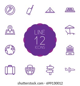 Set Of 12 Travel Outline Icons Set.Collection Of Awning, Suitcase, Compass And Other Elements.