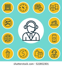 Set Of 12 Traveling Icons. Can Be Used For Web, Mobile, UI And Infographic Design. Includes Elements Such As World, Compass, Card And More.