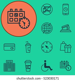 Set Of 12 Traveling Icons. Can Be Used For Web, Mobile, UI And Infographic Design. Includes Elements Such As Credit, Map, Device And More.