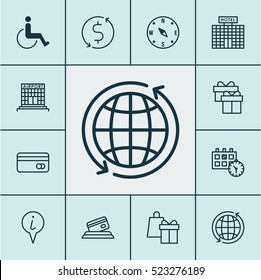 Set Of 12 Traveling Icons. Can Be Used For Web, Mobile, UI And Infographic Design. Includes Elements Such As Locate, Map, Disabled And More.