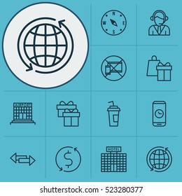 Set Of 12 Traveling Icons. Can Be Used For Web, Mobile, UI And Infographic Design. Includes Elements Such As Globe, Dollar, Compass And More.