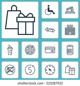 Set Of 12 Traveling Icons. Can Be Used For Web, Mobile, UI And Infographic Design. Includes Elements Such As Building, Disabled, Credit And More.