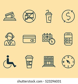 Set Of 12 Traveling Icons. Can Be Used For Web, Mobile, UI And Infographic Design. Includes Elements Such As Date, Building, Disabled And More.