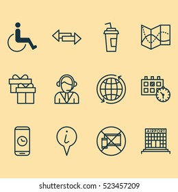 Set Of 12 Traveling Icons. Can Be Used For Web, Mobile, UI And Infographic Design. Includes Elements Such As Device, Crossroad, No And More.