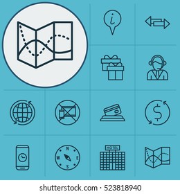 Set Of 12 Traveling Icons. Can Be Used For Web, Mobile, UI And Infographic Design. Includes Elements Such As Office, World, Gift And More.