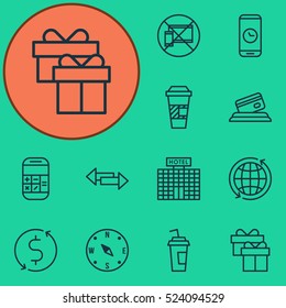 Set Of 12 Traveling Icons. Can Be Used For Web, Mobile, UI And Infographic Design. Includes Elements Such As Transfer, Takeaway, Gift And More.