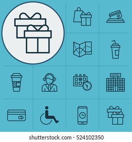 Set Of 12 Traveling Icons. Can Be Used For Web, Mobile, UI And Infographic Design. Includes Elements Such As Center, Office, Disabled And More.